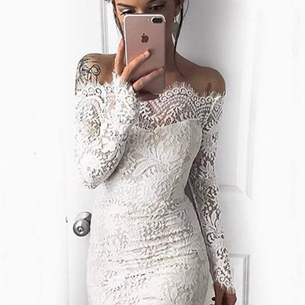 Simple White Long-Sleeve Mermaid Short Cocktail Party Dresses Simple White Long-Sleeve Mermaid Short Cocktail Party Dresses