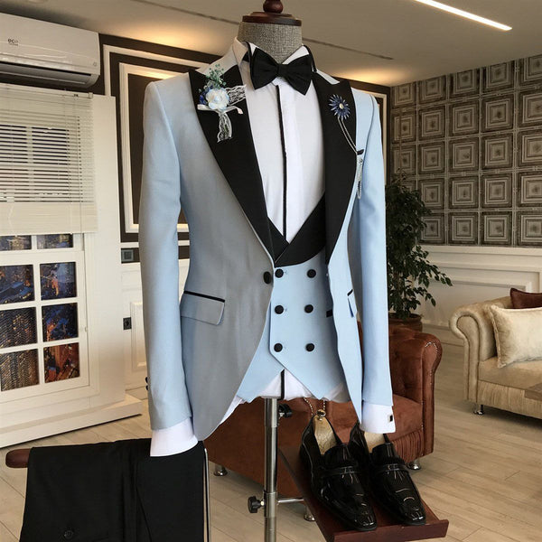 Sky Blue 3-Pieces Black Peaked Lapel Slim Fit Men's Prom Suits-Ballbella