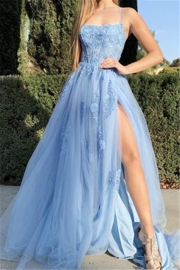Sky Blue Front Split Evening Dress Spaghetti Straps Floral Appliques Tulle Prom Party Gowns-Ballbella
