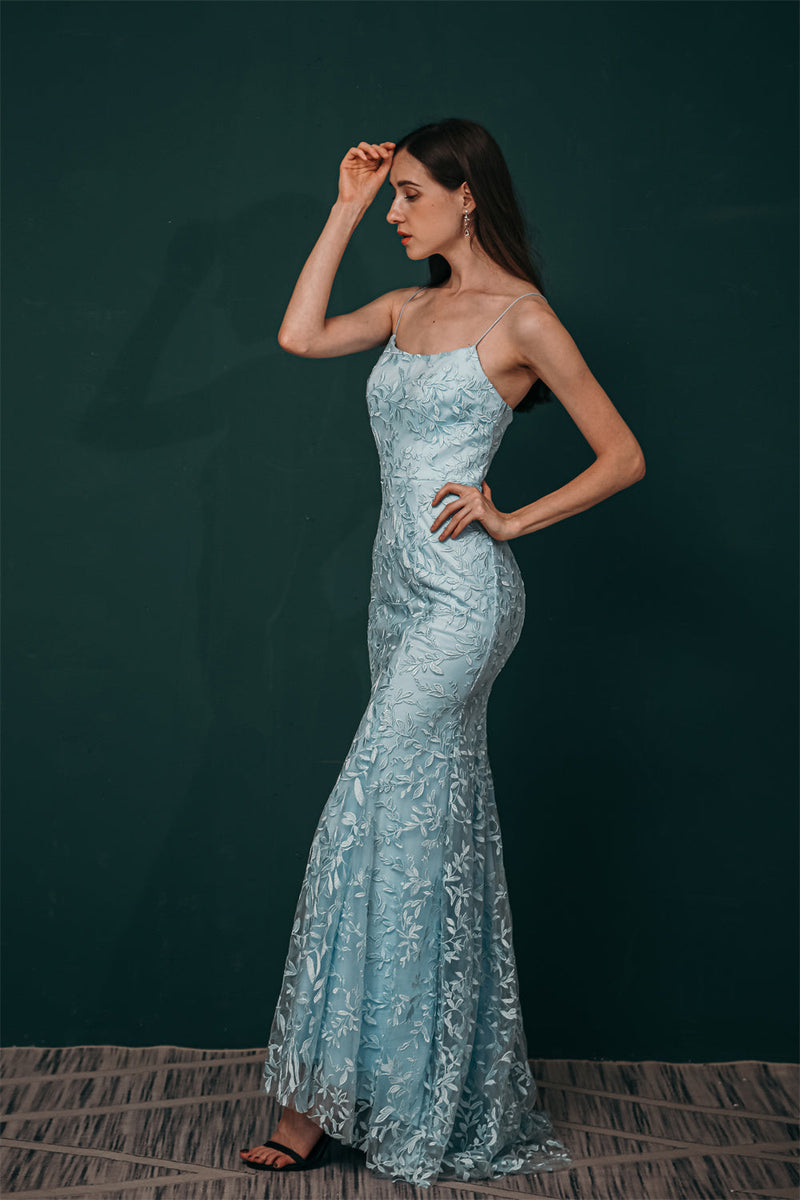 light blue lace mermaid prom dress Long Sequin Mermaid Prom Dress with Ruffles Light Blue / 4