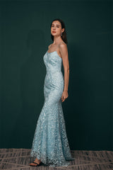 Sky blue Lace Criss-cross back Mermaid Prom Dress-Ballbella