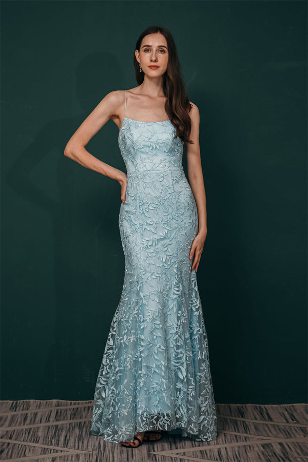 Sky blue Lace Criss-cross back Mermaid Prom Dress-Ballbella