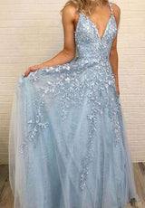 Looking for Prom Dresses, Evening Dresses, Homecoming Dresses, Bridesmaid Dresses in Tulle,  A-line style,  and Gorgeous Lace, Appliques work? Ballbella has all covered on this elegant Sky Blue Lace Prom Dresses Deep V-neck A Line Long Party Elegant Floor Length Women Evening Gowns.