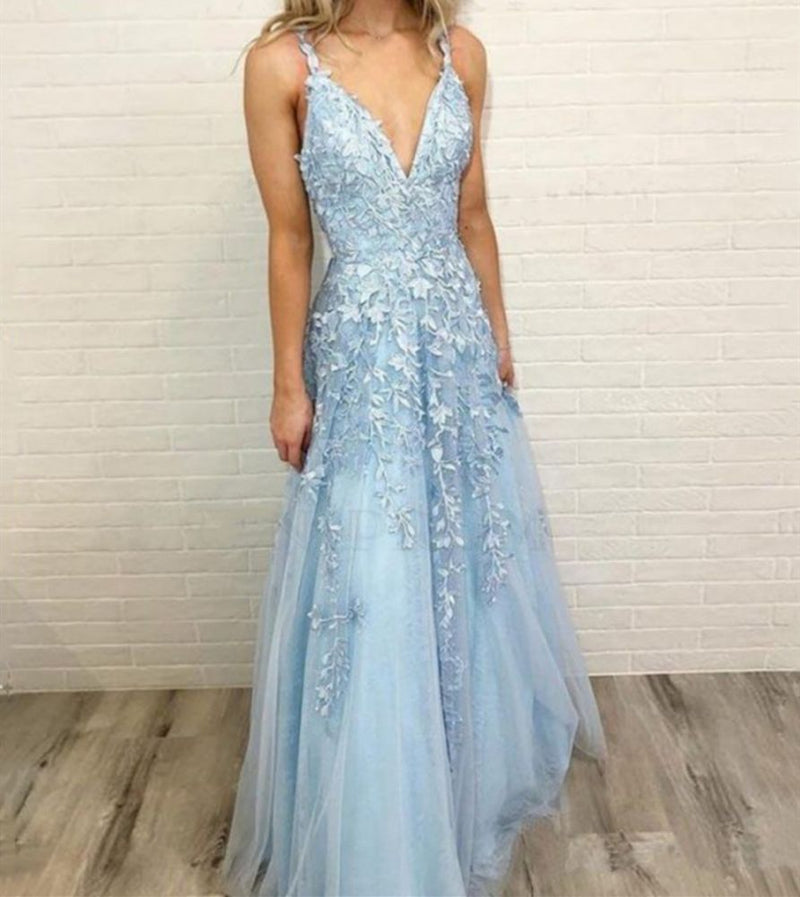 Looking for Prom Dresses, Evening Dresses, Homecoming Dresses, Bridesmaid Dresses in Tulle,  A-line style,  and Gorgeous Lace, Appliques work? Ballbella has all covered on this elegant Sky Blue Lace Prom Dresses Deep V-neck A Line Long Party Elegant Floor Length Women Evening Gowns.