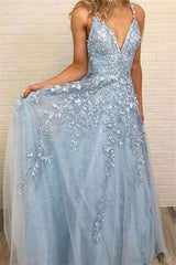 Sky Blue Lace Prom Dresses Deep V-neck A Line Long Party Elegant Floor Length Women Evening Gowns-Ballbella