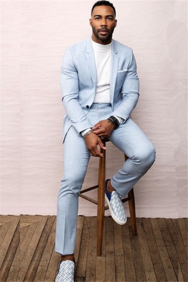 Sky Blue One Button Formal Men's Business Suits for Prom-Ballbella