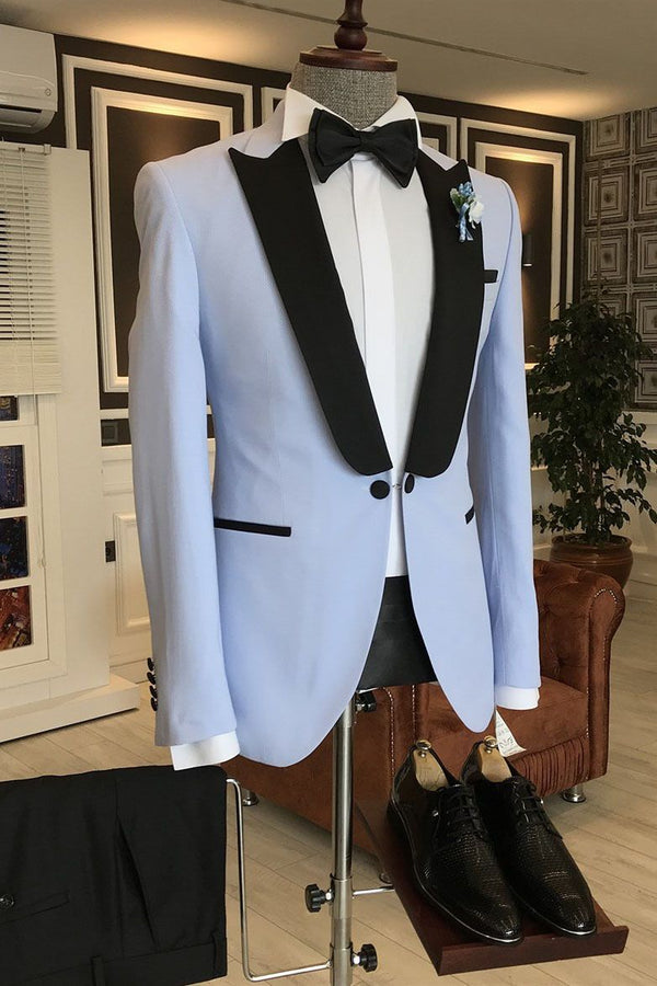 Sky Blue One Button Slim Fit Men Suits Mixed Black Peaked Lapel-Ballbella