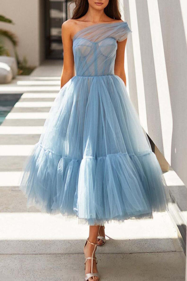 Sky Blue One Shoulder Tulle Prom Dress Tea-Length-Ballbella