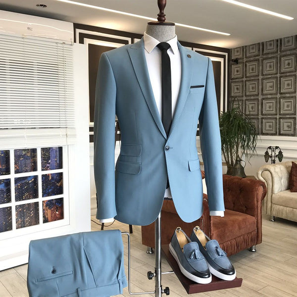 Sky Blue Peaked Lapel 3 Flaps Mens Prom Outfits-Ballbella