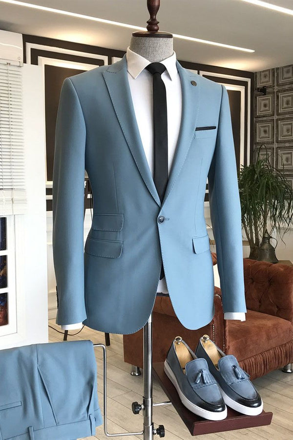 Sky Blue Peaked Lapel 3 Flaps Mens Prom Outfits-Ballbella