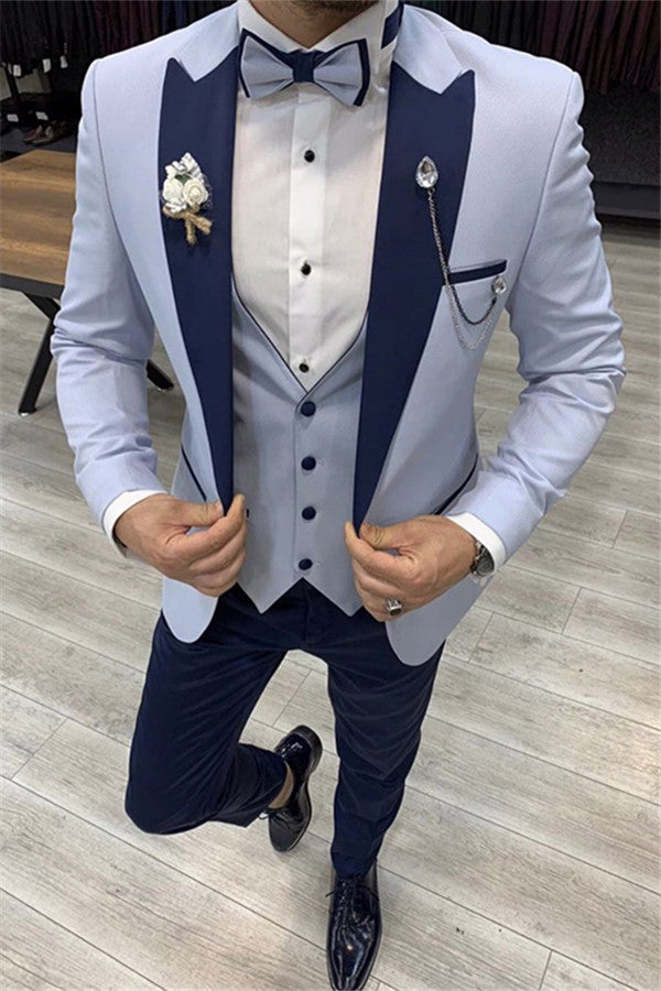 Sky Blue Peaked Lapel Slim Fit Peaked Lapel Men Suits-Ballbella