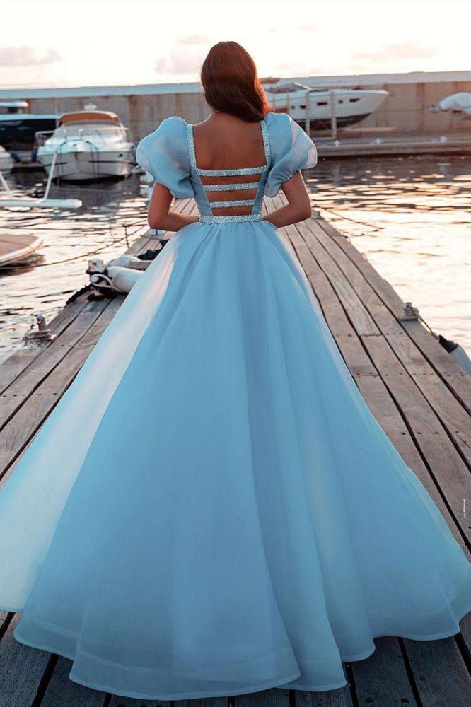 Ballbella offers Sky Blue Princess Mermaid Evening Gowns with Sweep Train Short Sleeve Party Gowns at a good price from sky blue, Tulle to Mermaid Floor-length hem. Gorgeous yet affordable Short Sleeves Prom Dresses and Evening Dresses.