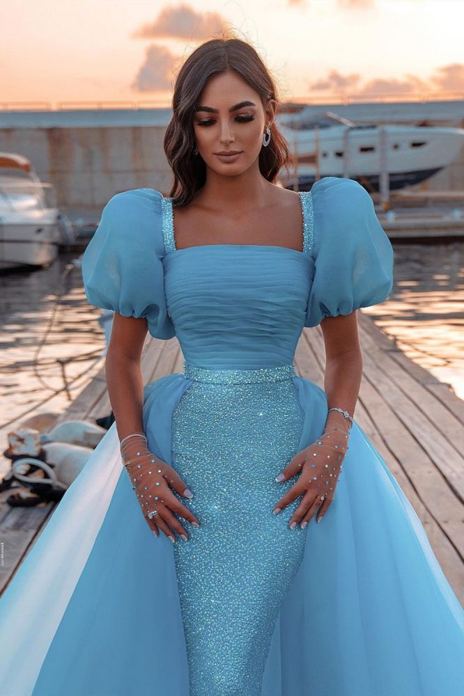 Ballbella offers Sky Blue Princess Mermaid Evening Gowns with Sweep Train Short Sleeve Party Gowns at a good price from sky blue, Tulle to Mermaid Floor-length hem. Gorgeous yet affordable Short Sleeves Prom Dresses and Evening Dresses.