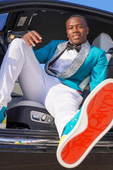 Sky Blue Shawl Lapel Prom Suit with White Beading and Pants-Ballbella