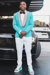 Sky Blue Shawl Lapel Prom Suit with White Beading and Pants-Ballbella