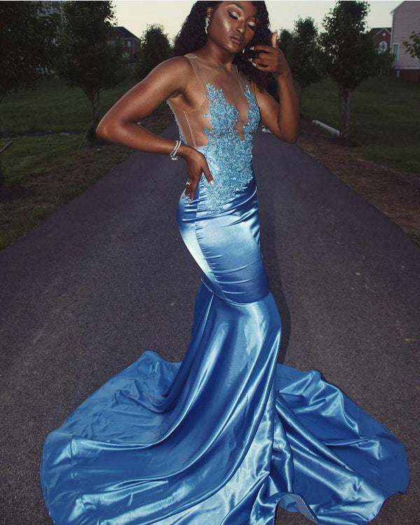 Sky Blue Silk-Like Satin Mermaid Lace Appliques Prom Dresses Sky Blue Silk-Like Satin Mermaid Lace Appliques Prom Dresses