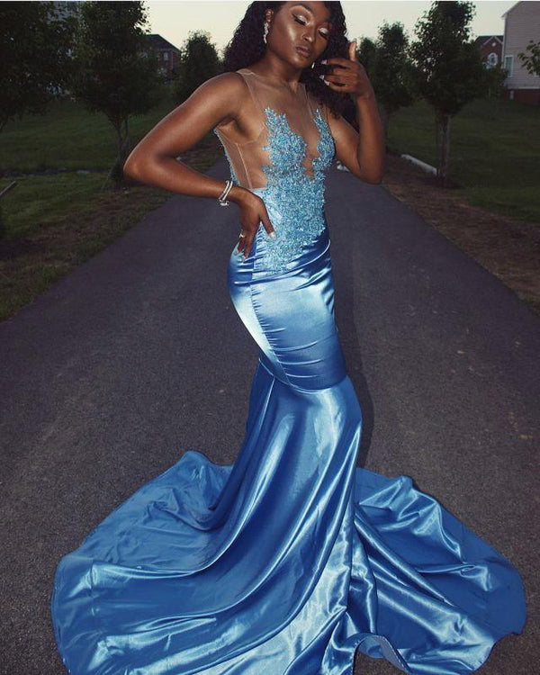 Sky Blue Silk-like Satin Mermaid Lace Appliques Prom Dresses-Ballbella
