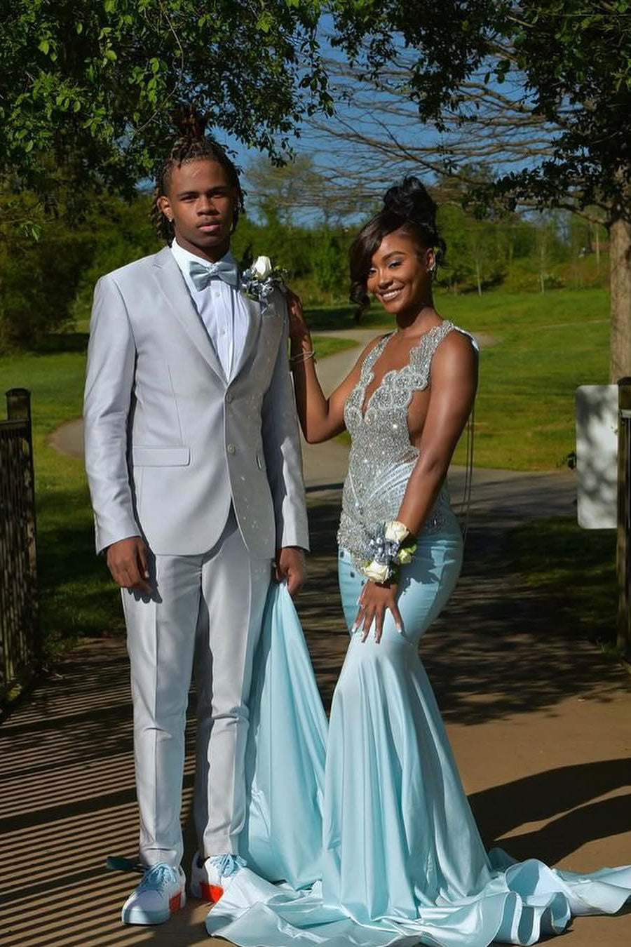 Sky Blue Silver Beaded Satin Mermaid Sleeveless Long Prom Dresses –  Ballbella