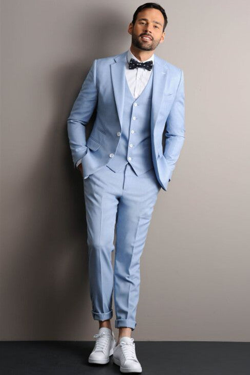 Sky Blue Three Pieces Notched Lapel Designer Men Suits-Ballbella