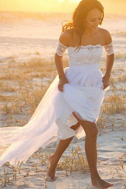 Sleeveless A Line Floor Length Off the Shoulder Lace Chiffon Wedding Dresses-Ballbella