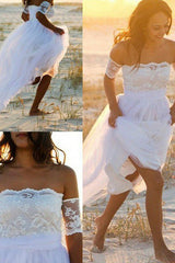 Sleeveless A Line Floor Length Off the Shoulder Lace Chiffon Wedding Dresses-Ballbella