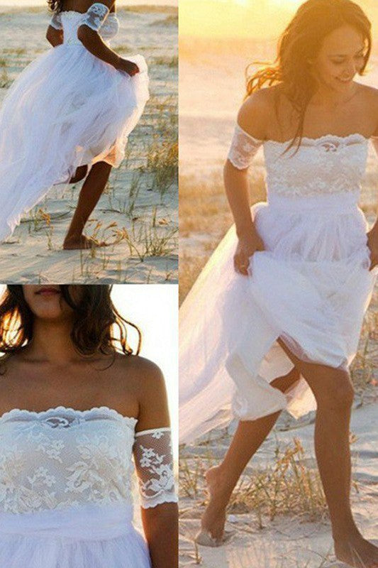 Sleeveless A Line Floor Length Off the Shoulder Lace Chiffon Wedding Dresses-Ballbella