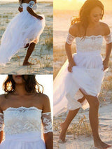 This Sleeveless A-Line Off-the-Shoulder Lace Chiffon Wedding Dresses at ballbella.com will make your guests say wow. The Off-the-shoulder bodice is thoughtfully lined, and the Floor-length skirt with to provide the airy, flatter look of 100D Chiffon,Lace.