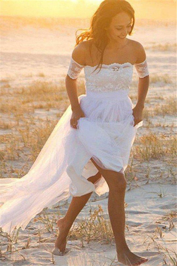 Sleeveless A Line Floor Length Off the Shoulder Lace Chiffon Wedding Dresses-Ballbella