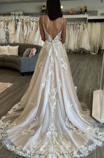 Sleeveless A-Line Floor Length Spaghetti Straps Wedding Dresses-Ballbella