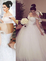 This Sleeveless Ball Gown Lace Off-the-Shoulder Wedding Dresses at ballbella.com will make your guests say wow. The Off-the-shoulder bodice is thoughtfully lined, fast delivery worldwide.