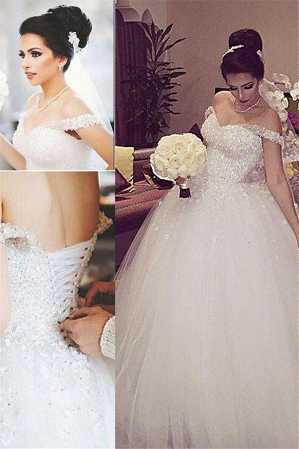 Sleeveless Ball Gown Lace Court Train Tulle Off the Shoulder Wedding Dresses-Ballbella