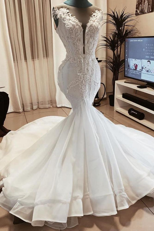 Sleeveless Beads Appliques Mermaid Wedding Dresses Sheer Tulle V neck Tulle Bridal Gowns-Ballbella