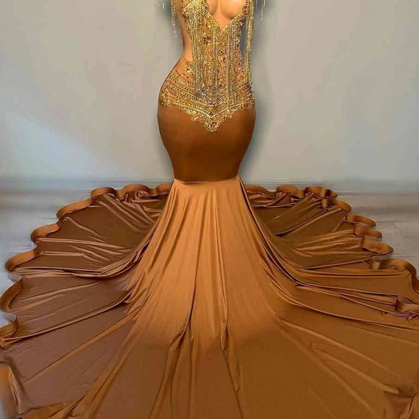 brown gold dress Sleeveless Brown Satin Tassels Gold Sequin Court Train Prom Dresses