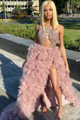 Looking for Prom Dresses, Evening Dresses in Stretch Satin,  A-line style,  and Gorgeous Ruffles work? Ballbella has all covered on this elegant Sleeveless Feather Front Split Long Evening Gowns.