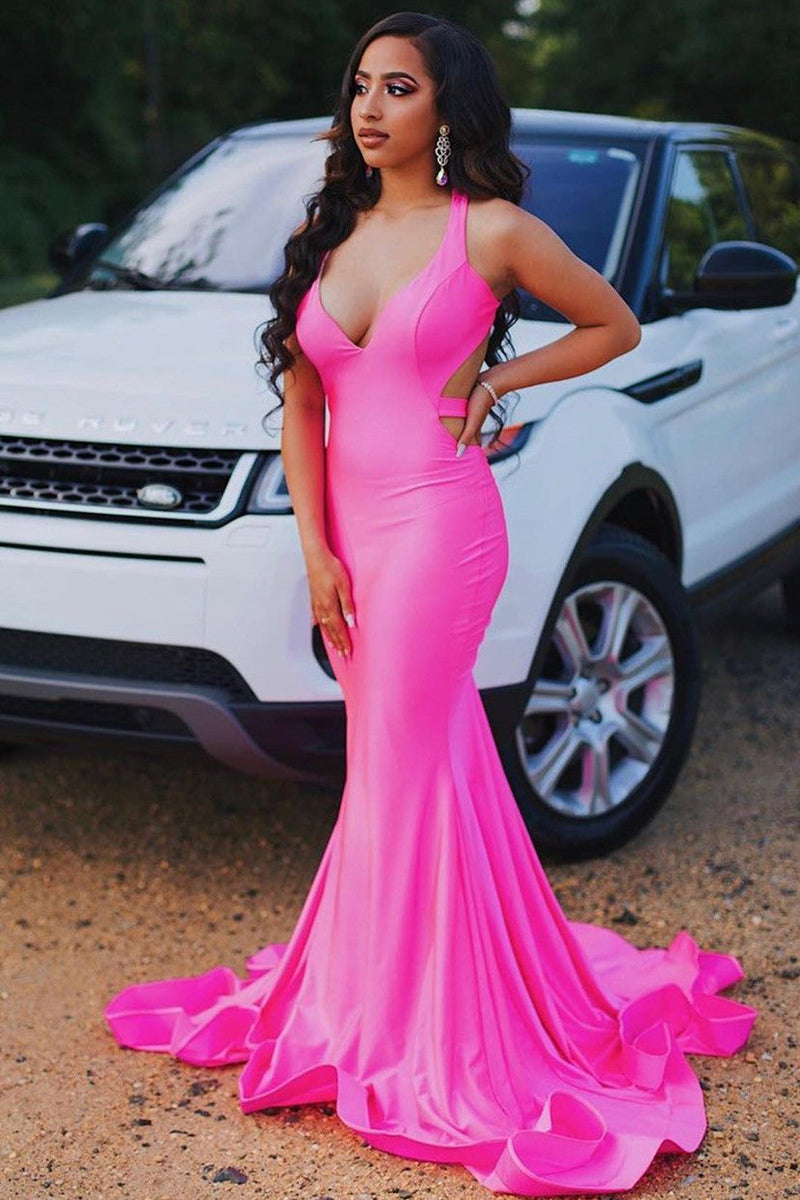 Sleeveless Hot pink Criss-cross back Mermaid Long Train Prom Dresses Sleeveless Hot pink Criss-cross back Mermaid Long Train Prom Dresses