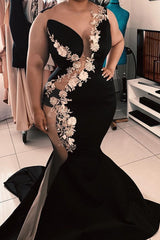 Sleeveless Jewel Sheer Appliques Chic Mermaid Prom Dresses Luxurious Elegant Black Evening Gowns With Chapel Train-Ballbella
