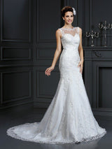 This Sleeveless Long Sheath Bateau Lace Satin Wedding Dresses at ballbella at ballbella.com, this dress will make your guests say wow. The bodice is thoughtfully lined, and the skirt with Appliques to provide the airy, flatter look of Satin.