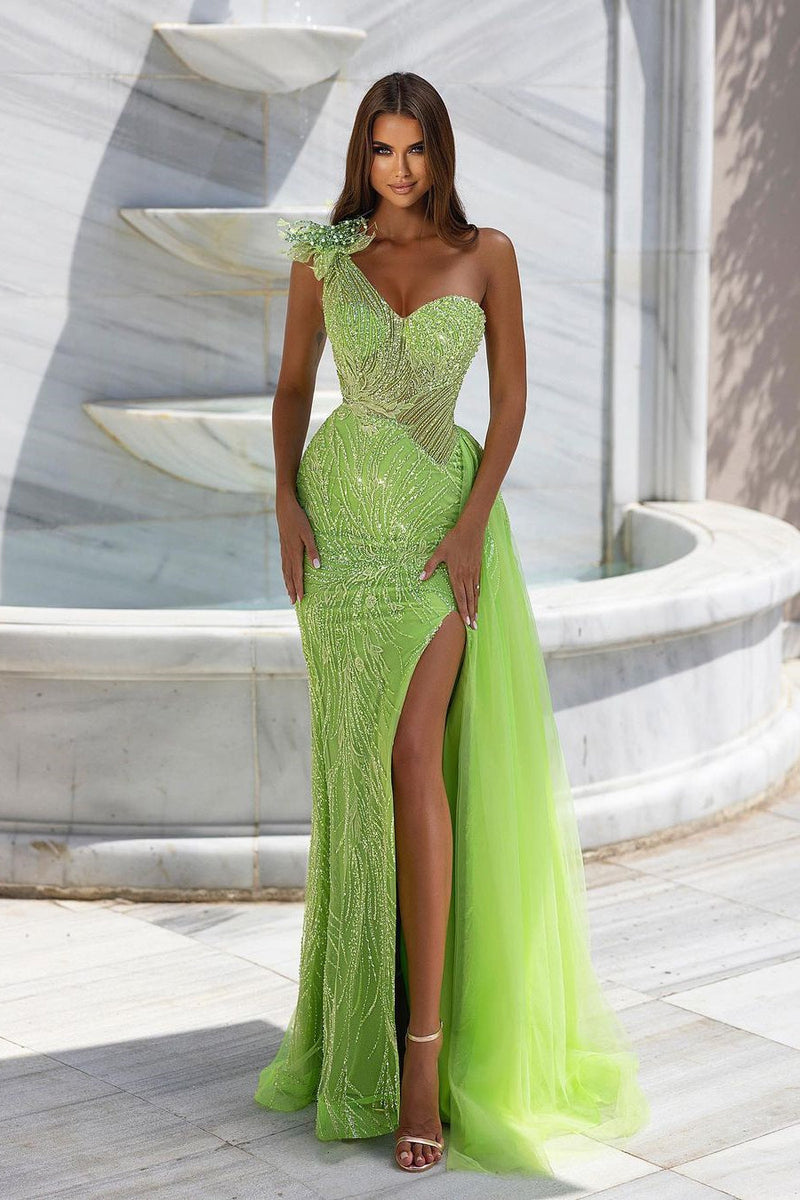 Sleeveless One Shoulder Sweetheart Lace Evening Prom Dresses With Beading-Ballbella