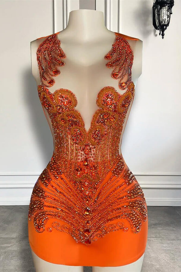 Sleeveless Orange Short Prom Dresses with Scoop Neck and Beadings-Ballbella