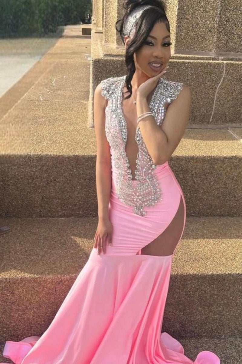 Sleeveless Pink Cutout Mermaid Long Prom Dresses-Ballbella