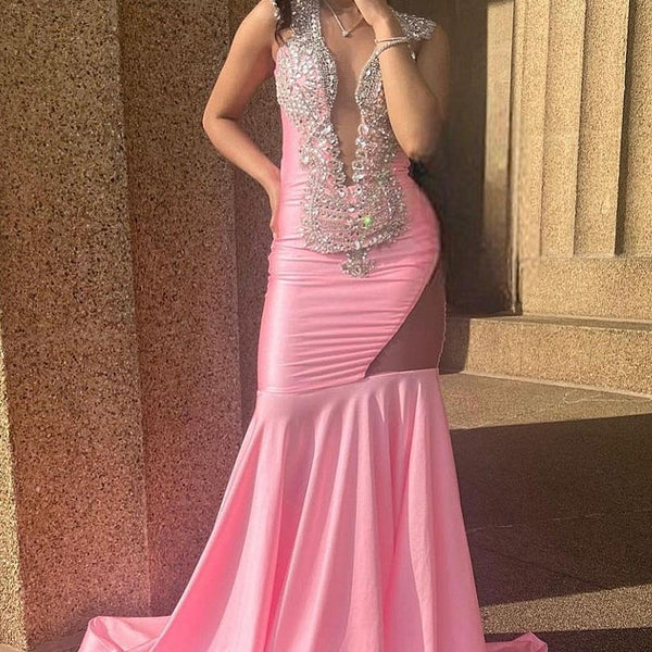 Sleeveless Pink Cutout Mermaid Long Prom Dresses Sleeveless Pink Cutout Mermaid Long Prom Dresses