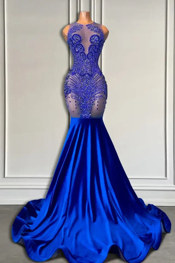 Sleeveless Royal Blue Scoop Neck Mermaid Prom Dress with Beadings-Ballbella