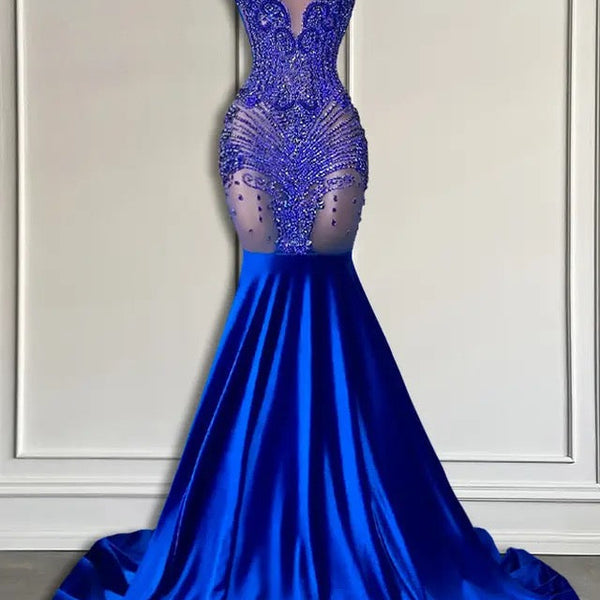 purple and royal blue bridesmaid dresses Sleeveless Royal Blue Scoop Neck Mermaid Prom Dress with Beadings