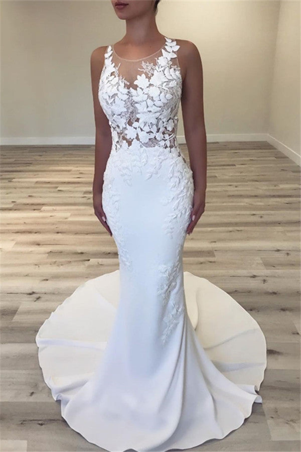 Sleeveless Sheer Tulle Wedding Dresses Mermaid Modern Dresses for Weddings-Ballbella