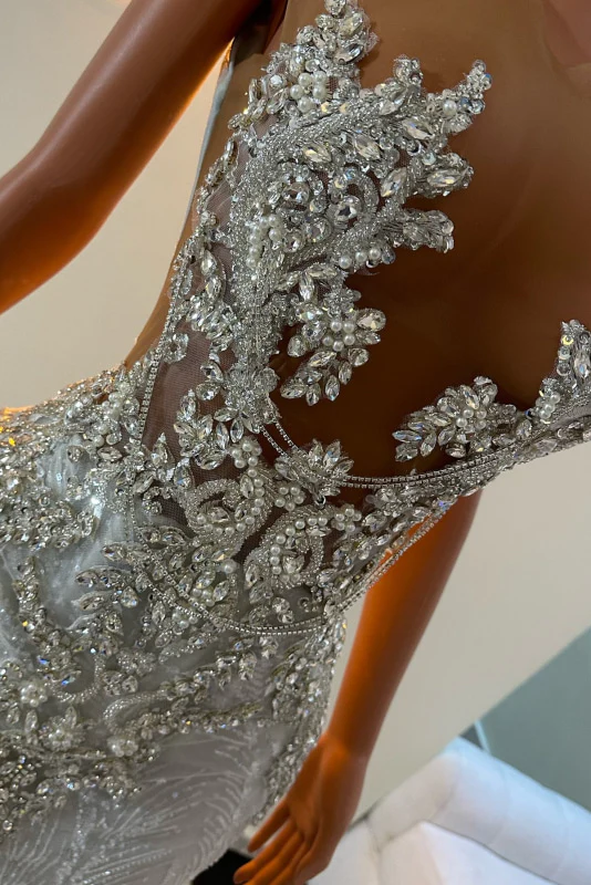 Sleeveless Silver Sparkle Appliques V-neck Mermaid Court Train Prom Dresses-Ballbella
