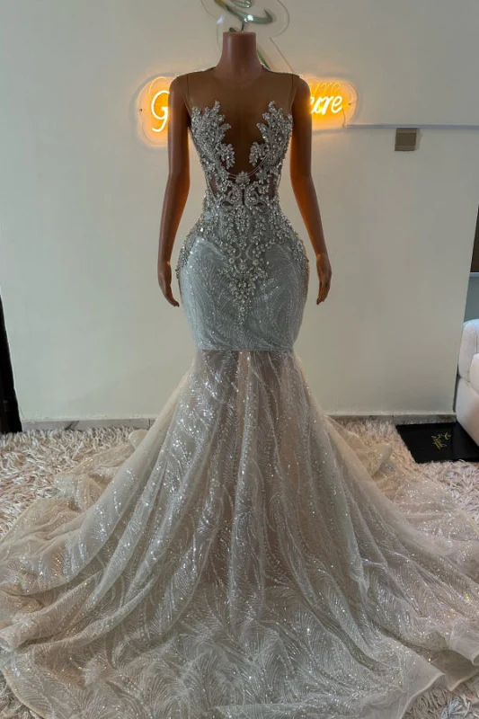 Sleeveless Silver Sparkle Appliques V-Neck Mermaid Court Train Prom Dresses Sleeveless Silver Sparkle Appliques V-Neck Mermaid Court Train Prom Dresses