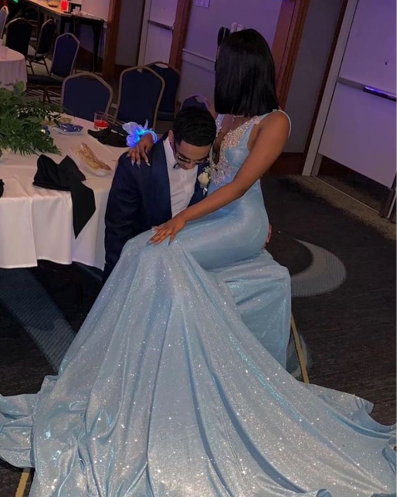 Looking for Prom Dresses, Evening Dresses in Mermaid style,  and Gorgeous Appliques work? Ballbella has all covered on this elegant Sleeveless V-neck Appliques Court Train Mermaid Long Prom Dresses.