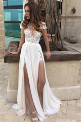 Sleeveless V neck Lace Chiffon A Line Floor Length Wedding Dresses-Ballbella