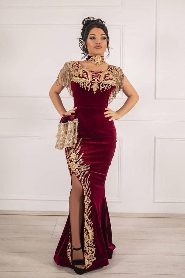 burgundy velvet mermaid prom dress Sleeveless Velvet Burgundy Mermaid Prom Party GownsTassel Gold Appliques Evening Gown with Front Split