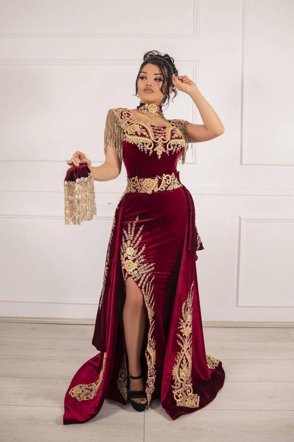 Sleeveless Velvet Burgundy Mermaid Prom Party GownsTassel Gold Appliques Evening Gown with Front Split-Ballbella